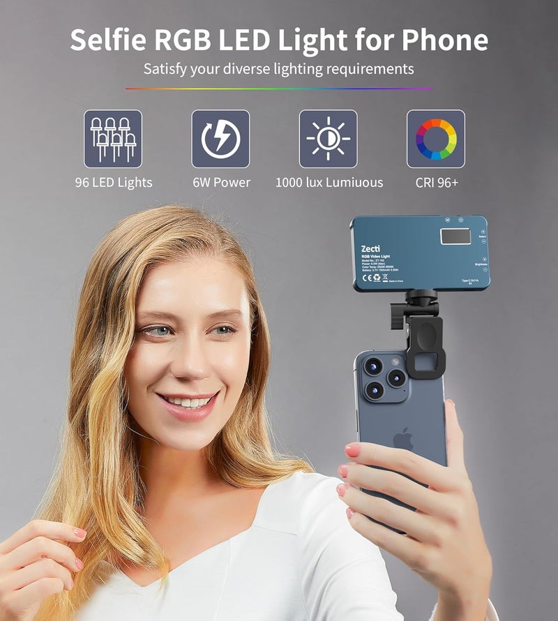Zecti Selfie Light, 96 LED Phone Light with Metal Hotshoe & Clip, 96+ 2500K-8000K Rechargeable 360° Full Color 21 Scenes RGB Video Light for Phone, iPhone, Laptops, Cameras, Selfie, Video Conference, TikTok - Image 2
